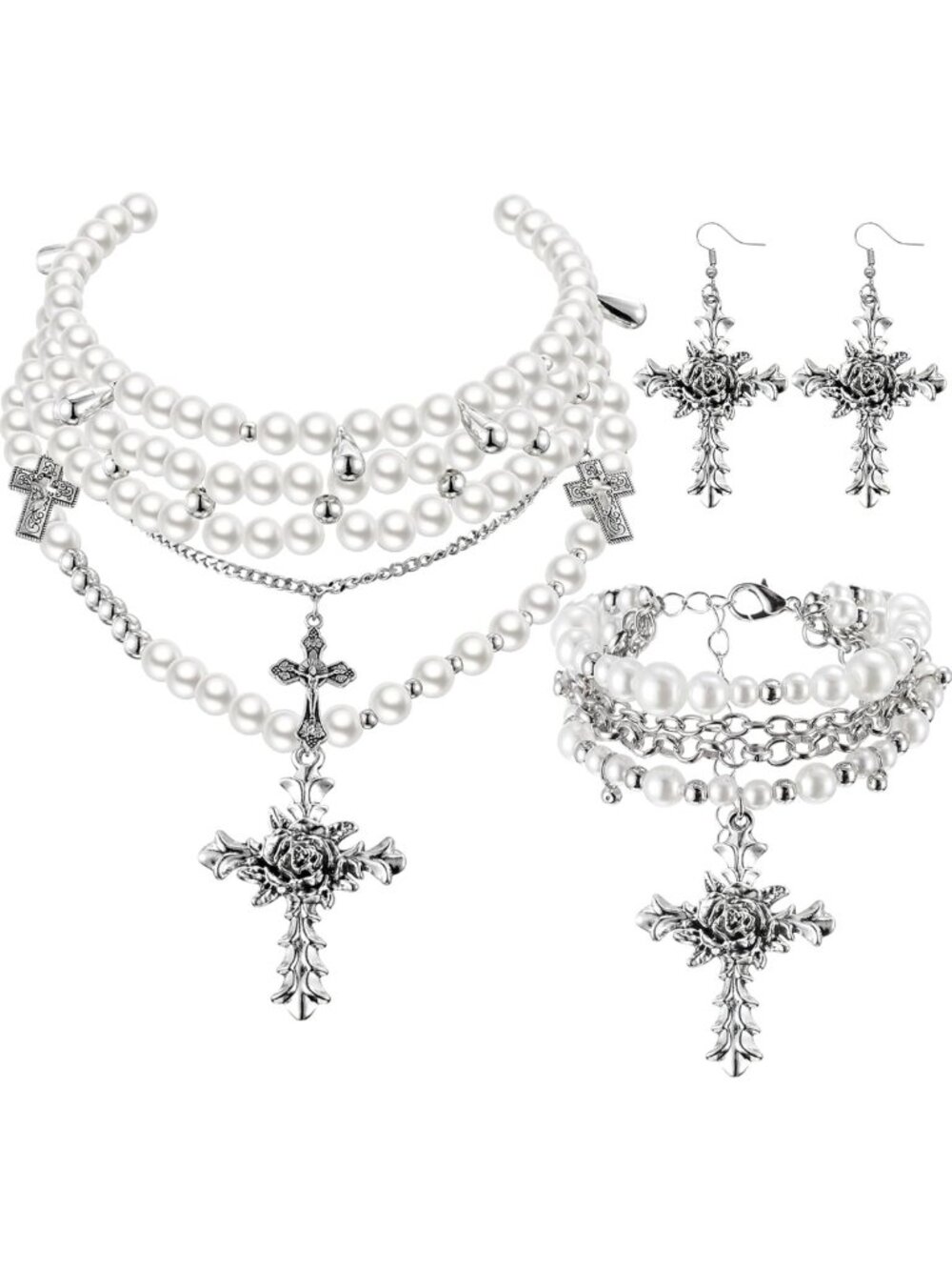 Gothic Jewelry Set - 3 Pcs Cross Necklace, Earrings & Bracelet - Y2K Choker